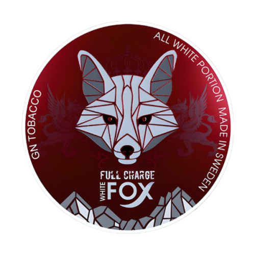 White Fox Full Charge All White nicotine pouches, slim format, strong mint flavor with cooling sensation and extra high nicotine strength.