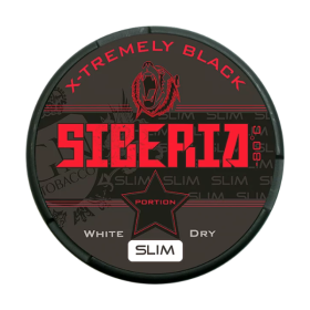 Siberia Black White Dry Portion Slim Snus, ultra strong 43 mg/g nicotine, bold tobacco flavor, Swedish white dry slim portion

