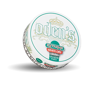 Odens Double Mint Extreme White Dry Slim Snus, extra strong nicotine, fresh peppermint flavor, slim white dry portion, Swedish snus
