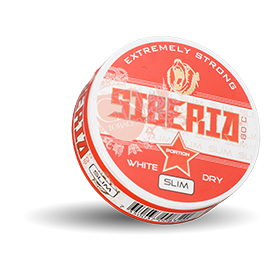 Siberia Red White Dry Slim snus, 43mg nicotine, strong spearmint taste, buy online for intense kick.
