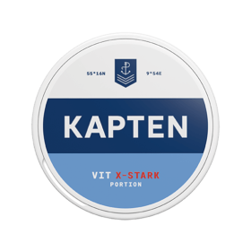 Kapten Extra Strong White Snus, 15mg nicotine, robust tobacco with bergamot in classic white portions.
