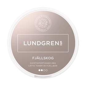 Lundgrens Fjällskog tobacco-free nicotine pouches with cloudberry and herbal notes in a round can