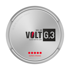 G.3 Volt Slim White Dry Super Strong snus, extra strong nicotine, slim format, white dry portion, Swedish Match quality.
