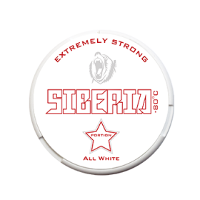 Siberia All White Regular nicotine pouches, strong strength, regular format, all white portion, tobacco-free snus alternative.
