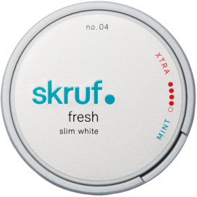 Skruf Fresh Mint Xtra Strong no.4 snus, slim white portions, fresh mint flavor, extra strong nicotine