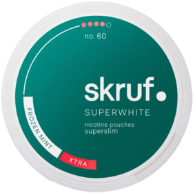 Skruf Super White Super Slim Frozen Mint Extra Strong nicotine pouches, all-white super slim portions, icy mint flavor
