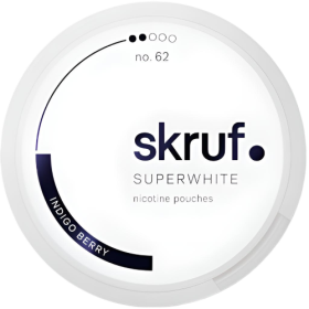 Skruf Superwhite Indigo Berry #2 nicotine pouches can with blackberry and mint flavor