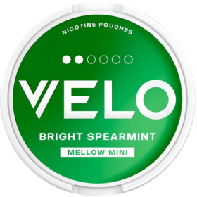 Velo Brighty Spearmint Mini nicotine pouches, all-white mini portions, fresh spearmint flavor, tobacco-free