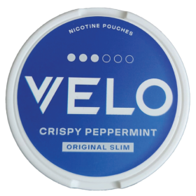 Velo Crispy Peppermint 3 nicotine pouches, slim all-white portions, crisp peppermint flavor, extra strong