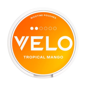 Velo Tropical Mango nicotine pouches, slim all-white portions, mango and passion fruit flavor, tobacco-free
